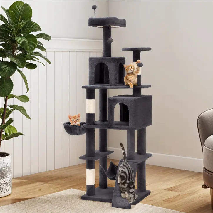 Uforic 44" Multi-Level Cat Condo with Scratch Posts and Hammock, Light Gray