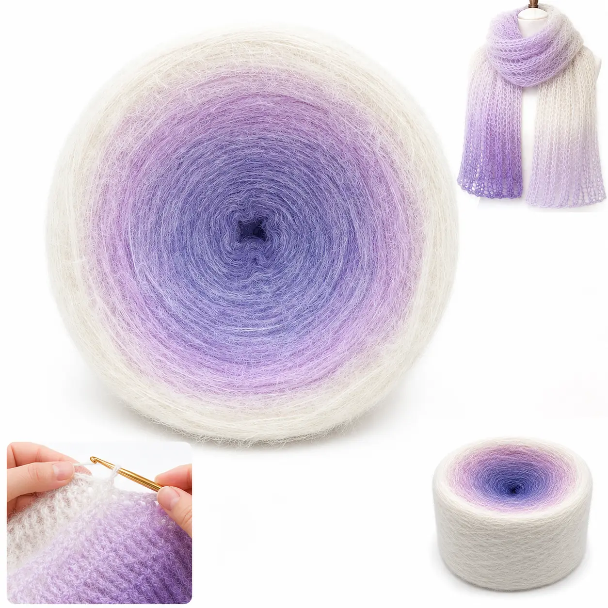 1 Pack 300g/10.58 oz Long Gradient Ombre Cake Yarn, Soft Fluffy Acrylic Nylon Crochet Knitting Yarn with Hook & Stitch Markers for Shawls & Blankets