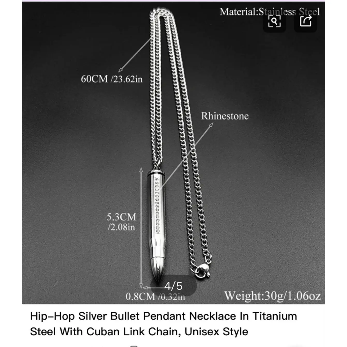 Hip-Hop Silver Bullet Pendant Necklace in Titanium Steel with Cuban Link Chain Unisex Style 60CM Rhinestone Decor