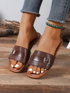 Women's Square Toe Flat Sandals, Frill Slip-On Shoes, Elegant Summer Footwear, Wide Head Design, Simple Style, PU Material, Rubber Sole