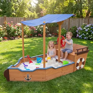 Outdoor Wooden Pirate Ship Sandbox for Kids, Large Toy Sandpit with Canopy Cover, Steering Wheel, Seat & Storage, Backyard Play Center Ages 3+, Outdoor Toy for Kids