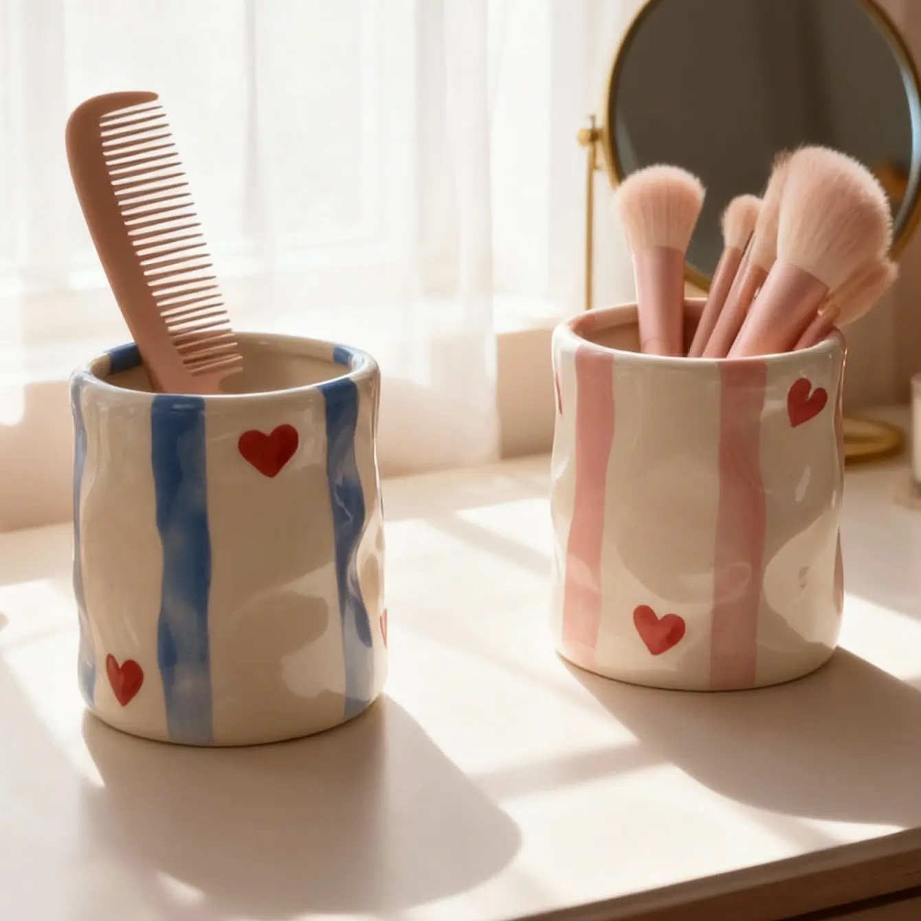 Hand-Painted Heart Stripe Ceramic Makeup Brush Holder, Desktop Organizer, Cosmetics Organizer, Nordic Style, Aesthetic Decorative Item, Cosmetic Storage Holder, Beauty Supplies Organizer, Cosmetic Organizers, 1pc