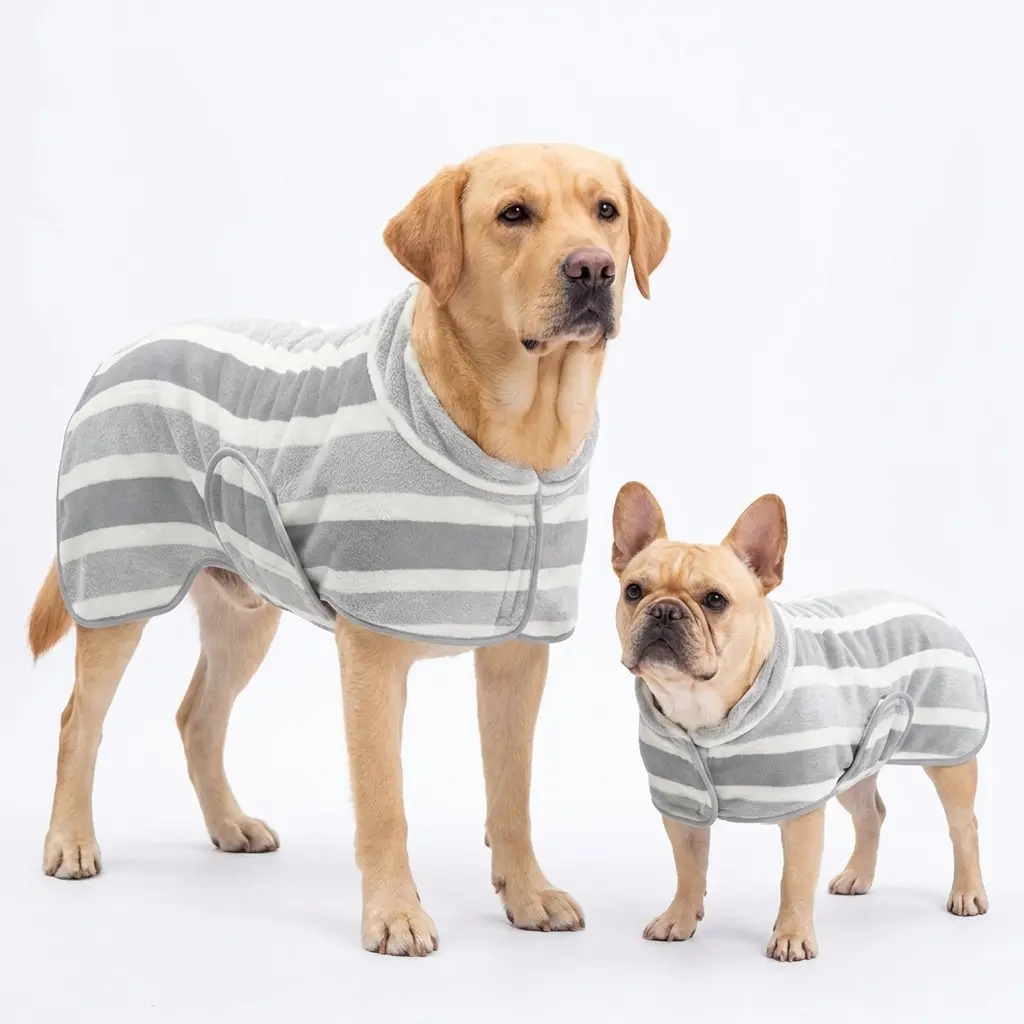 Microfiber Dog Bathrobe Drying Coat - Super Absorbent Quick-Dry Pet Towel Robe with Adjustable Strap, Soft Washable Grooming Wrap for Small, Medium & Large Dogs (M & L Sizes)
