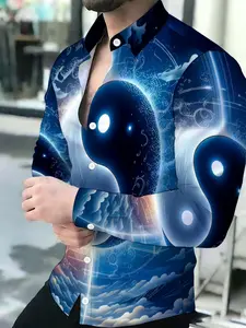 Blue Yin-Yang Tai Chi Cosmic Sky Print Men's Breathable Lapel Long-Sleeve Cardigan