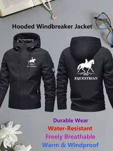 Womens Hooded Windbreaker Jacket Equestrian Front-Back Print Outdoor Coat Stand Collar Loose Warm Windproof for Daily Commute Horse Riding Hiking Camping Breathable Durable Water-Resistant Lightweight All Season Outerwear Practical Pockets Sports Jacket