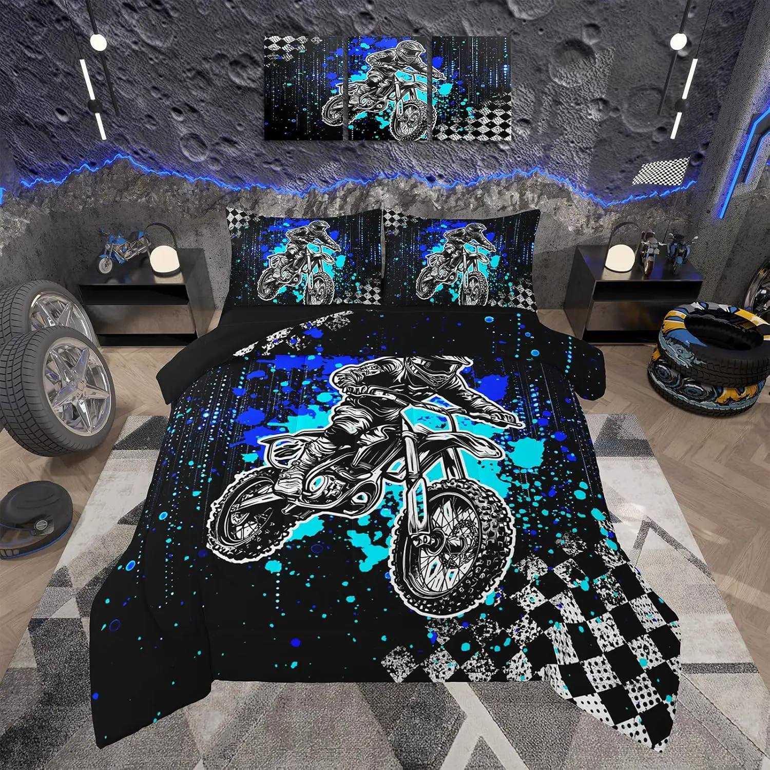 Kids Dirt Bike Comforter Set,Boys Extreme Sports Bedding Set ,Racing Motocross Rider Comforter,Motorcycle Teens Bed Set,Boys Bedroom Room Decor