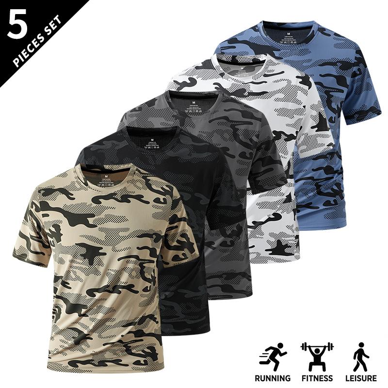 Pack of 5 short-sleeve tops, available in multiple colors. Breathable and casual, suitable for fitness and sports. Designed for teenage boys/male students. Crew neck with a camouflage print pattern that has stretch. Ideal for outdoor everyday wear. Pack of 5 short-sleeve tops, available in multiple colors. Breathable and casual, suitable for fitness and sports. Designed for teenage boys/male students. Crew neck with a camouflage print pattern that has stretch. Ideal for outdoor everyday wear.