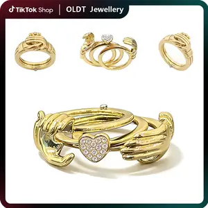 OLDT Couple's Interlocking Stackable Rings Romantic Multi-Ring Design 14K Gold Plated Embracing Heart Zirconia Ring - The Perfect Gift