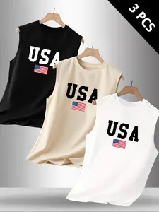 Summer Men's Casual Fitted Sleeveless Vest, Usa Flag Letter Print, Outdoor Sports Wear, Daily Versatile, 3 Pack Set
