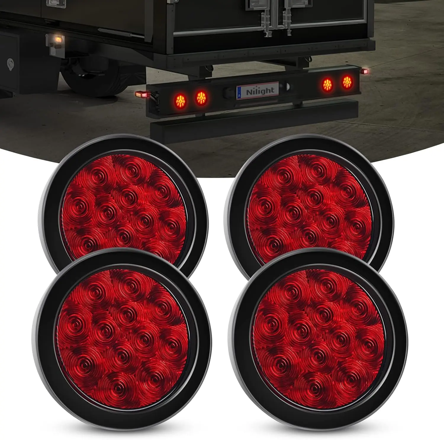 Nilight 4PCS 4” 12LED Red Round IP67 Waterproof Stop Brake Turn Tail Led Lights Cars, Surface Mount with Grommet Plugs, for Trucks Trailers Led Turn Signals Led Signal Lamp