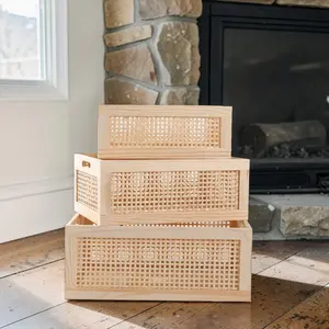 Rattan Storage Basket with Wooden Drawer – Handwoven Organizer Box for Living Room, Bedroom, Office or Shelf Storage | Natural Rattan Decorative Storage Basket