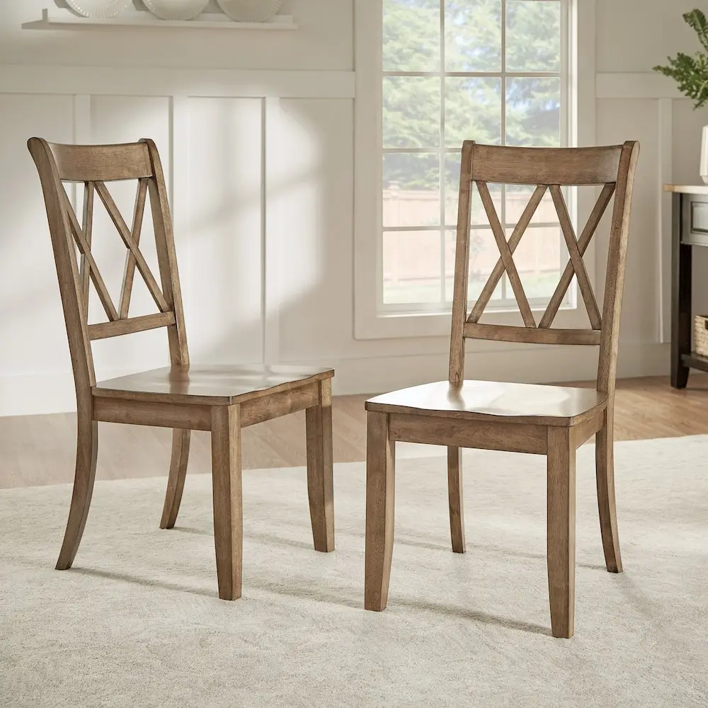 Classic Rustic Wood Dining Chairs - Set of 2 Traditional Oak Finish Double X-Back Indoor Furniture Side Chairs