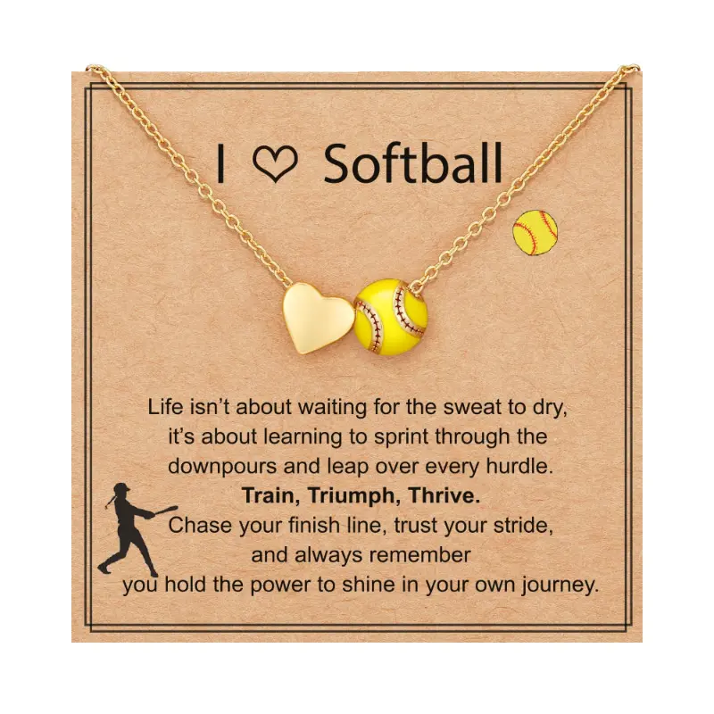 Gold Heart-Shaped Pendant Gold Necklace - Fashion Pendants, Brass Sensitive Skin-Friendly Sports & Outdoor Trophy-Inspired Accessory, Couple's/Coaches' Gift for Softball Enthusiasts, Athletes, Birthday, Card, Unisex