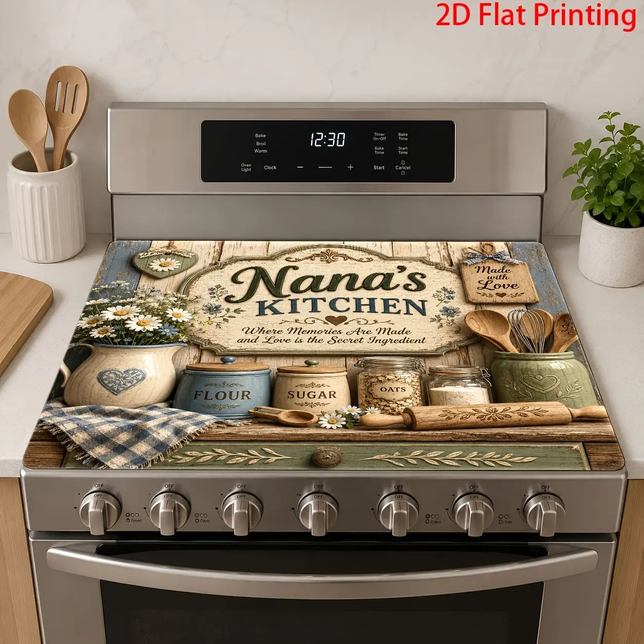 2D Flat Vintage Nana Stove Cover Mat, Heat Resistant Linen Kitchen Protector, Wear & Stain Resistant Reusable Easy Clean Mat for Gas Stove, Glass Cooktop, Induction Stove, Oven, Washer & Dryer, 11.8 x 17.7 Inch