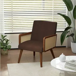 Accent Chair With Rattan Arms, Living Room Chairs With Wood Legs, Modern Armchair For Bedroom, Lounge Chair Indoor For Reading Room Kitchen And Dining Room
