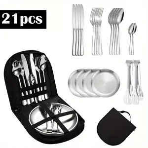 21pcs Stainless Steel Camping Cutlery Collection - Lightweight And Sturdy Outdoor Dining Tools Including Plates, Forks, And Spoons Ideal for Hiking, Backpacking, And Camping Trips - Great for Travel And Outdoor Dining