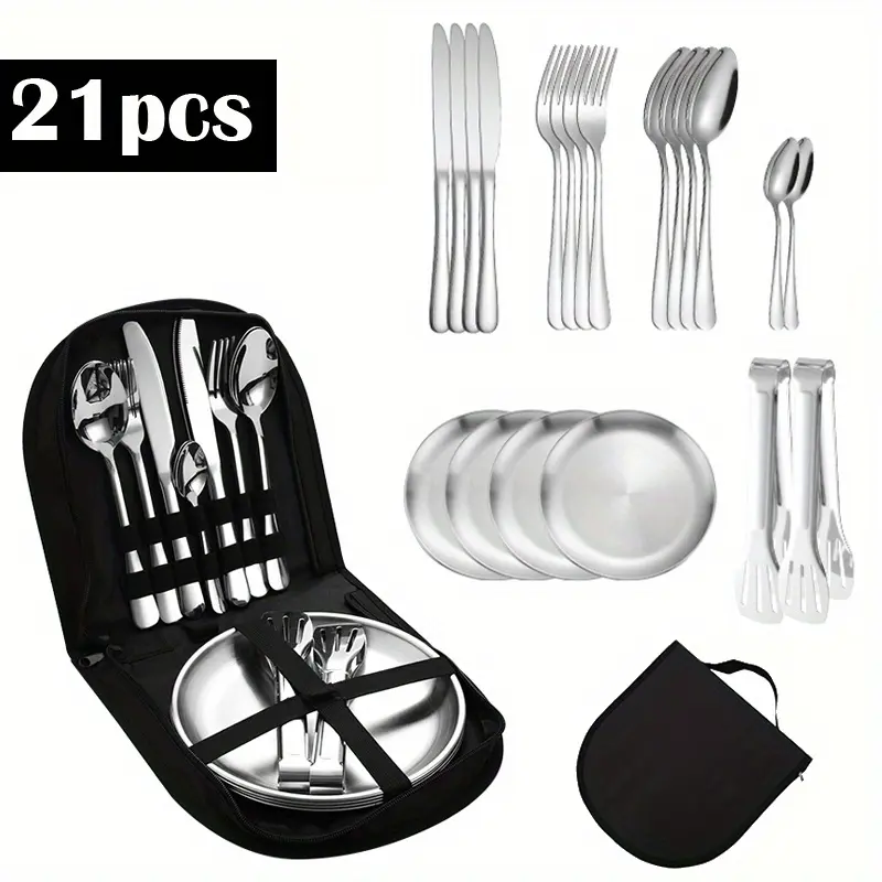 21pcs Stainless Steel Camping Cutlery Set - Lightweight, Sturdy Outdoor Dining Tools Including Plates, Forks, Spoons - Ideal for Hiking, Backpacking Trips, Travel (Camp Kitchen Essentials for Sports & Outdoor Use), Includes Plates, Forks, Spoons