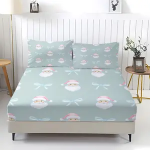 Santa Claus Bow Pattern Bed Sheet, Comfortable Printed Pattern, Includes 1 Bed Sheet and 2 Pillowcases, Comfortable Bedding, Non slip Dust Cover Suitable for Children's Christmas Bedroom Decoration Gifts, Bedsheet Sets