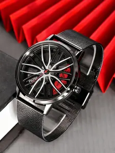 A new men's all black mesh watch with excellent breathability, featuring a circular dial with hollowed out tires and a unique, steady, and mysterious design. It is a trendy quartz watch