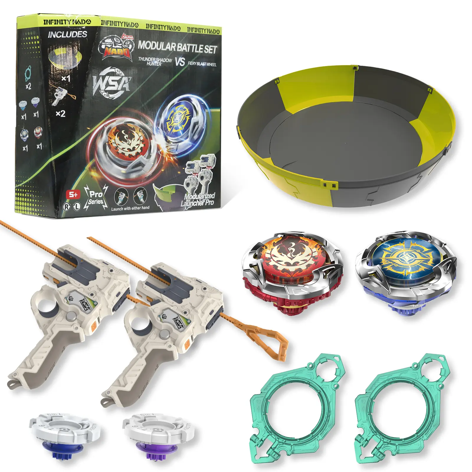 ALPHA GROUP INFINITY NADO S7 Battle Set with 2 Modular Launchers & 1 Stadium Arena, Metal Defense/Endurance Type Battle Top Toy, Right/Left-Spinning Top Game Toys for Boys Girls 5+