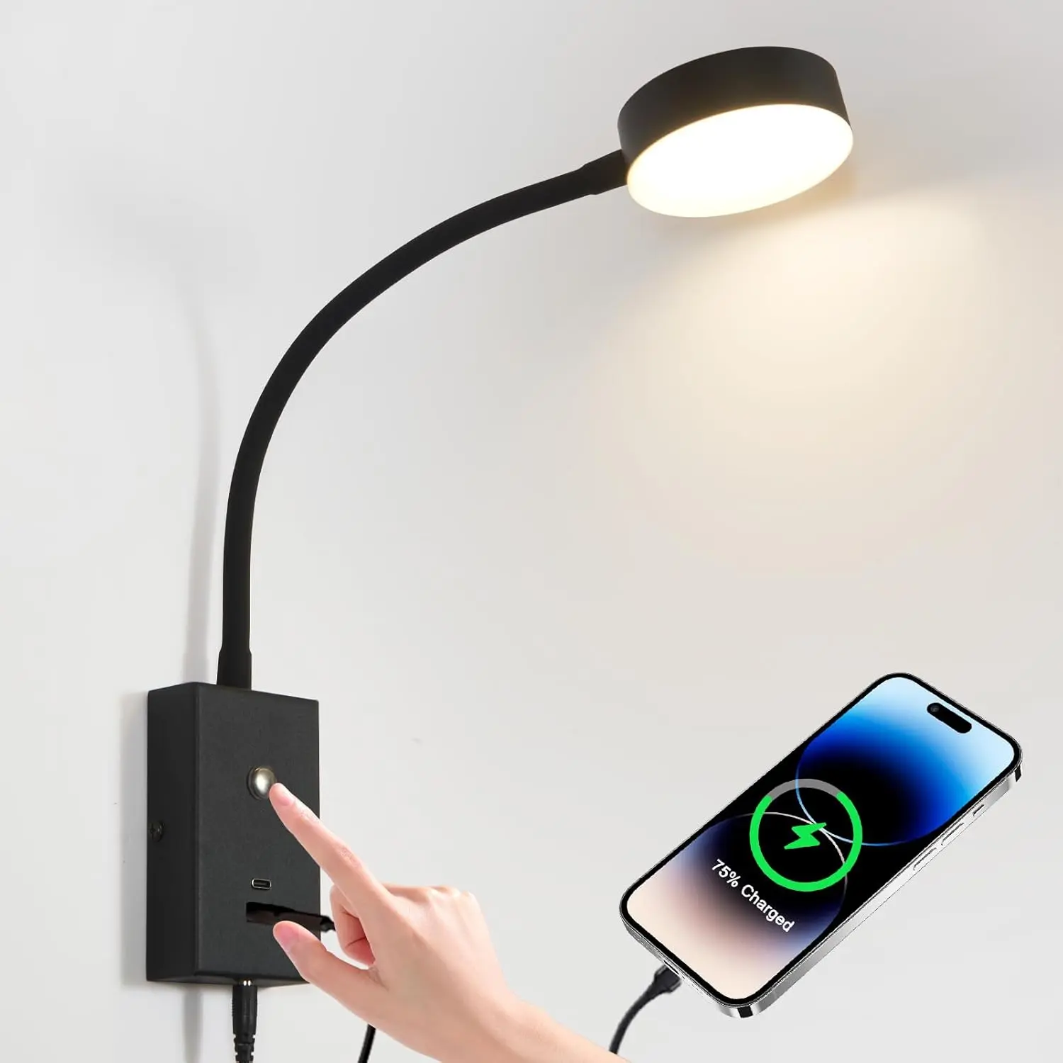 LED Wall Mounted Reading Light for Bed, Flexible Gooseneck Book Light for Wall Bedside Lamp with USB-A/C Output,Touch Control 5 Dimmable Headboard Bed Lights