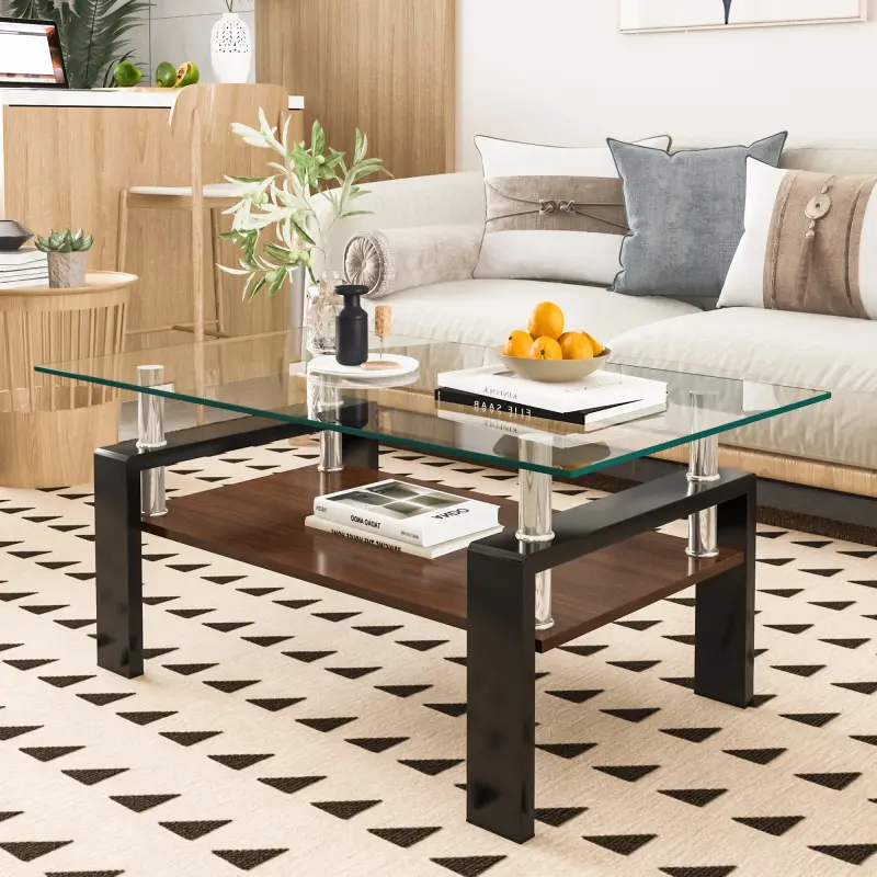 Modern Rectangle Living Room Coffee Table - Tempered Glass & MDF Layer Tabletop, Transparent, 39.2x23.4"x17.7"h, Iron Legs, 220lbs Capacity, Easy Setup, Assembly Guide Included, Indoor Furniture Decor