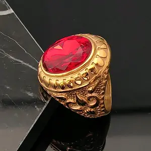 Latest high quality gold plated stainless steel red stone ring for men, daily wear jewelry, gift for friends and relatives