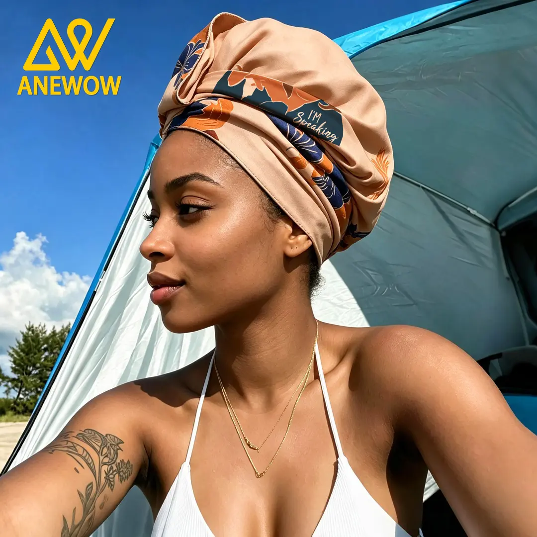 ANEWOW Khaki Floral Print Satin Lined Tie-Up Hair Bonnet