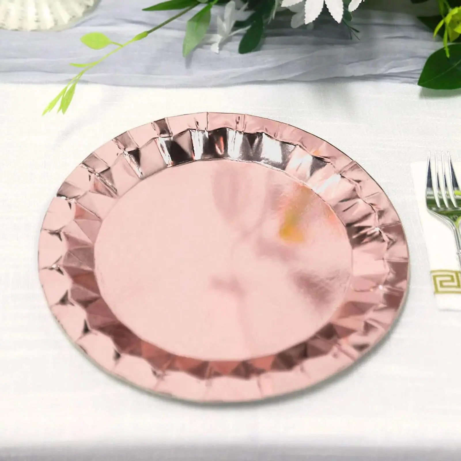 25-Pack Paper Round Dinner Plates 9" Metallic Rose Gold with Geometric Prism Rim - 400GSM Disposable Party Plates
