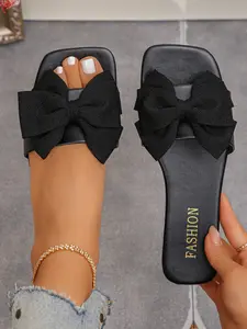 Women's Bright Yellow Large Bow Decor Square Toe Flat Slide Sandals, Sunny Fresh-Chic Style, Vibrant Vacation Slides #SunnyFreshShoes, #YellowBowSlides, #VacationVibesSlides