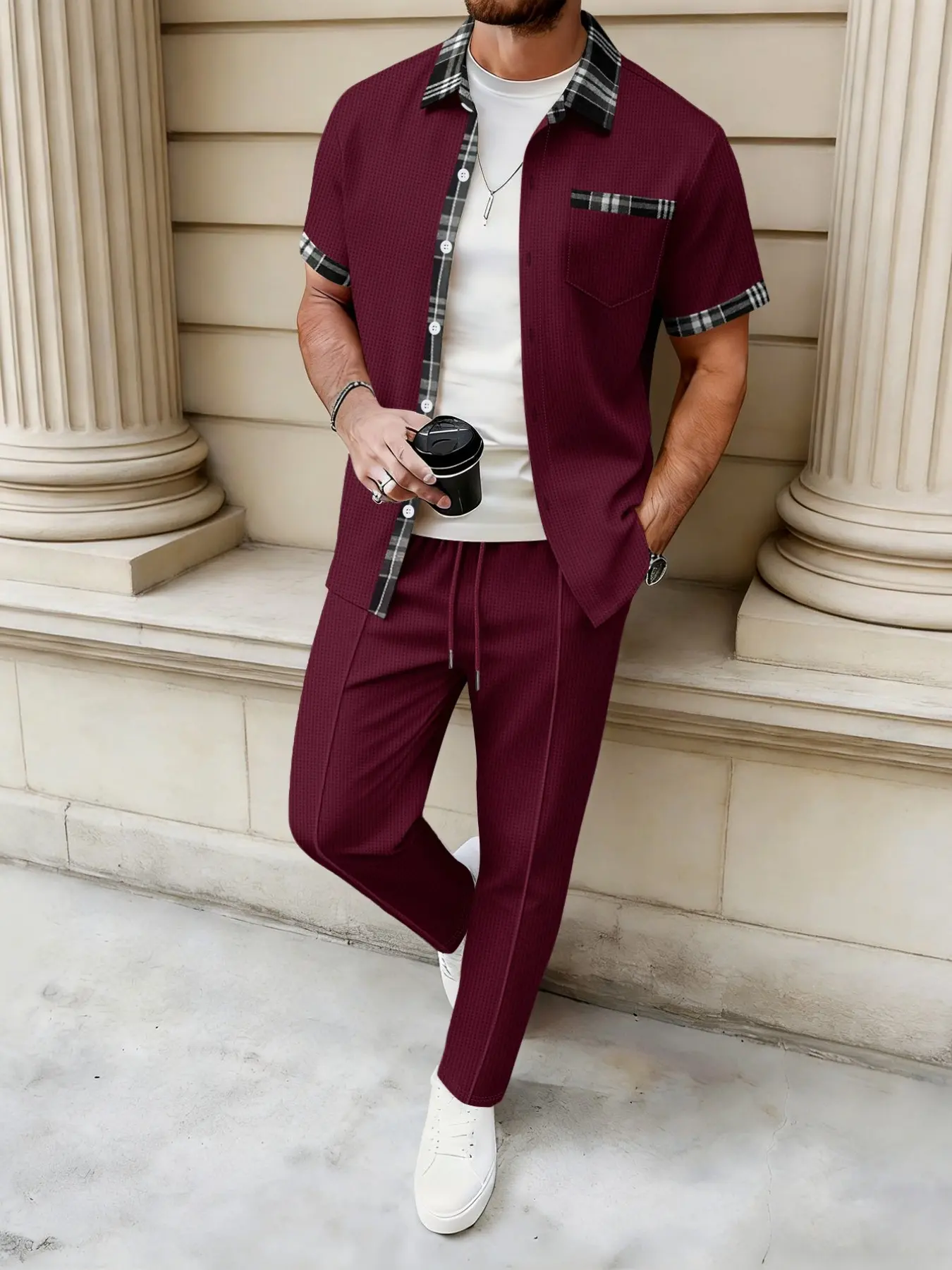 Men's High Street Plaid Waffle Suit Set, Loose Fit Short Sleeve Shirt & Long Pants, Casual Two-Piece Matching Sets for Spring & Fall Outfits