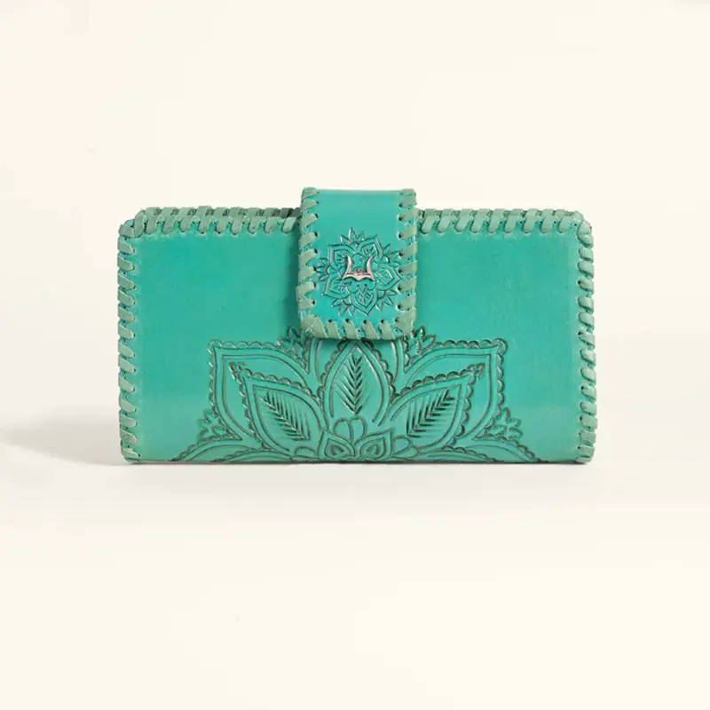Loyal West Desert Lotus Wallet - Turquoise Leather with Embossed Lotus Design and Secure Buckle Closure, Casual Trendy Wallet, Fashionable Wallet