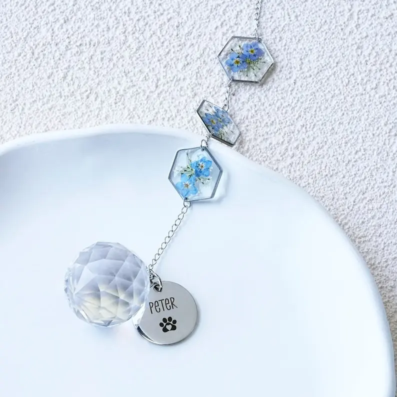 Personalized Forget Me Not Pressed Wind Chime, Customized Crystal Pet Memorial Pendant, Rainbow Bridge Crystal Suncatcher, Pet Loss Gift