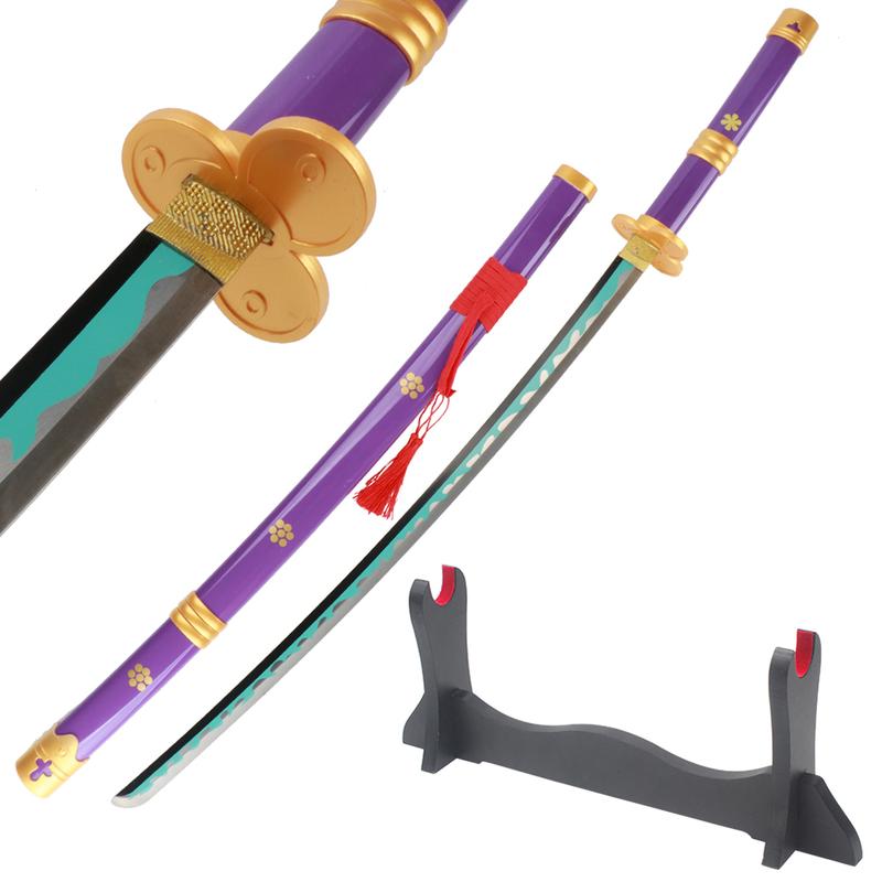 41 inches Not Sharp Real Roronoa Zoro Cosplay Sword Yama Enma Swords Samurai Katana with Wooden Holder Stand Display for Anime Fans Halloween Role Playing Props Cosplay Collection Christmas Gift Birthday