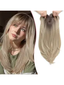 Clip in Synthetic Hair Topper with Bangs for Women, 18inch Hair Topper Long Layered Big Base Toppers Hairpieces for Women with Thinning Hair Ombre Mix Blonde Color, Clip Hair Extensions, Synthetic Soft Hairpieces