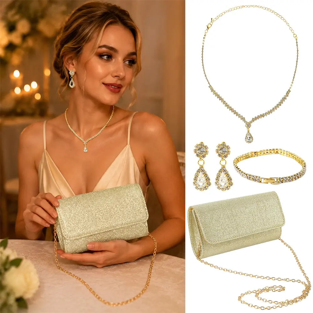 Ladies' 4-Piece Glamorous Costume Jewelry & 1 Glitter Evening Clutch Set - Sparkling Rhinestone Teardrop Necklace, Dangle Earrings for Women, Bracelet - Elegant Matching Accessories for Wedding Ceremony, Formal Events, 1 Rhinestone Necklace, Sparkly Embel