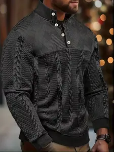 Men's long-sleeved Henry shirt, soft and elastic button long-sleeved jacquard pullover for autumn and winter, outdoor casual knitted jacquard sweatshirt Black Menswear Stylish Knitwear