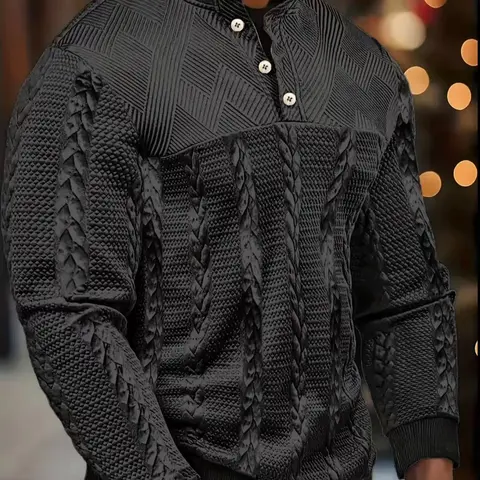 Men's Chic Knitted Henry Shirt Sweatshirt - Soft Elastic Jacquard Pattern Long Sleeve Pullover with Buttons & Decorative Embellishments, Autumn Winter Outdoor Casual Menswear Top