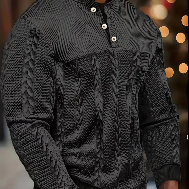 Men's Chic Knitted Henry Shirt Sweatshirt - Soft Elastic Jacquard Pattern Long Sleeve Pullover with Buttons & Decorative Embellishments, Autumn Winter Outdoor Casual Menswear Top