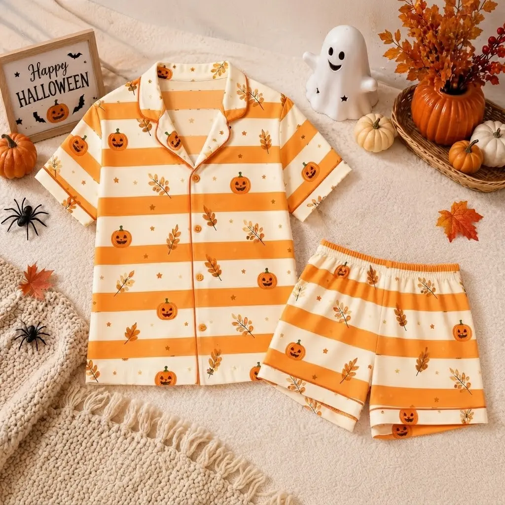 Halloween Pumpkin Striped Pajamas, Orange Stripe Pajama Set, Matching Family Halloween PJs, Cute Fall Sleepwear, Women's Halloween Gift