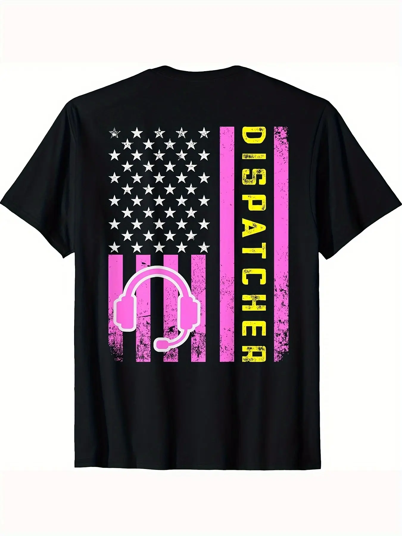 Men's Classic Round Neck Shortsleeve Soft Cotton Fabric T-Shirt, Thin-Thread Patriotic American Flag & Dispatcher Salute Print, Machine Washable Casual Menswear, Ideal for Emergency Services, 2XL/5XL, Yellow Font, Black Friday