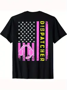 American flag and dispatcher salute T-shirt, soft cotton, round neck, short sleeves, with patriotic thin yellow thread pattern, machine washable-ideal for emergency services, for adults, Black Friday, Halloween, travel outfit