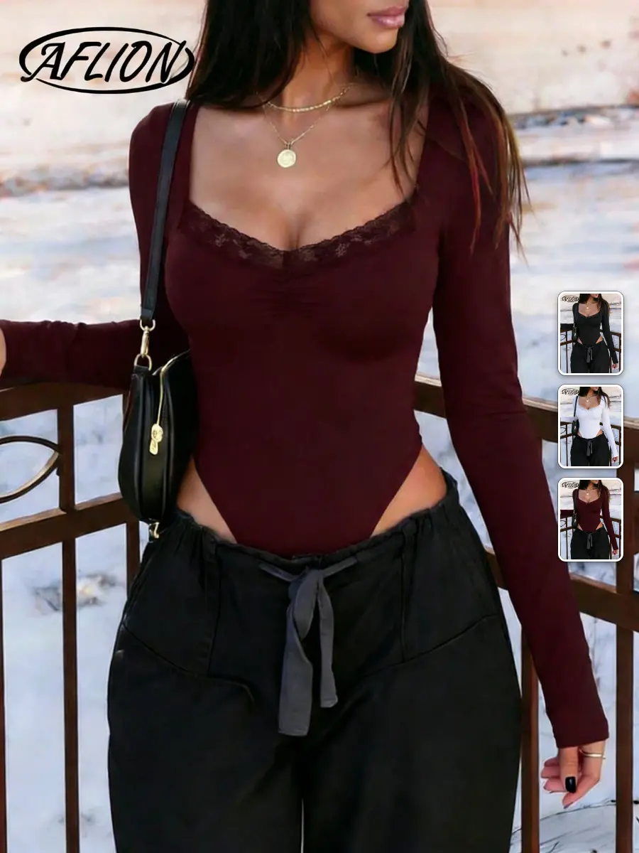 Long Sleeve Bodysuit Lace Ruffle Stretchy Y2K Sexy Going Out Top
