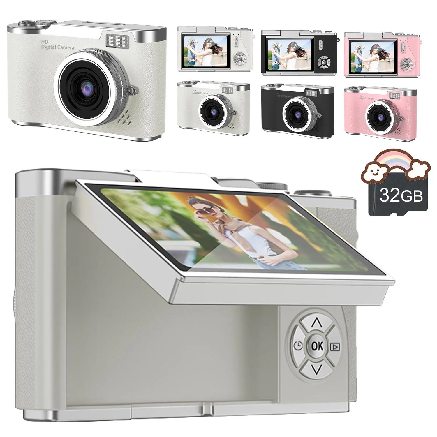 8X Digital Zoom Camera, 2.4'' IPS Screen Rechargeable Camera, Professional Camera for Teenagers, Beginners with Card Reader, OTG