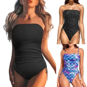 Strapless Ruched One Piece Swimsuit for Women, Tummy Control Bandeau Bathing Suit with Drawstring