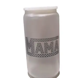 Mama Checkered Frosted Glass Cup - Made with Sublimation - 16oz- Plastic Straw & Lid Included