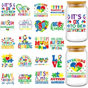 UV DTF Cup Wrap - 20 Sheets Autism Awareness UVDTF Cup Wraps for 16 oz Glass, Colorful Puzzle Decals for Mugs Water Botters, Waterproof Rub on Transfer Stickers, DIY Crafts, Sticker Packs