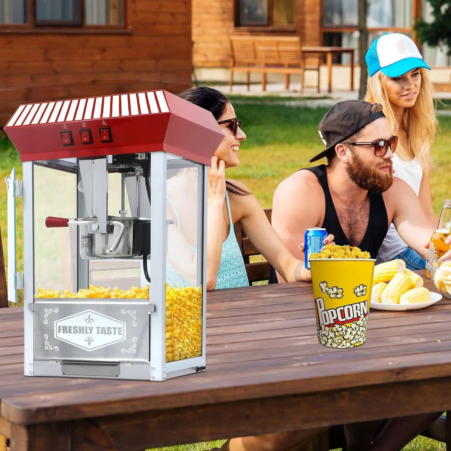 Commercial Popcorn Machine with Cart and 12-Ounce Kettle,Vintage-Style Popper on Wheels with Tempered Glass, Warming Deck, 850W Popcorn Popper for Parties, Events, and Home Theater