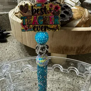 Best Teacher Ever Decorative Pen with Sparkling Beads and Floral Design for Teacher Appreciation Gifts