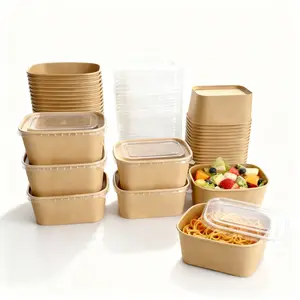 50 ​Pack 35 oz Paper Bowls, Disposable Food Containers with Lids, Rectangular Disposable Bowls with Lids, Disposable Salad Bowls for Diet Salad, Ice Cream, Yogurt, Party Food